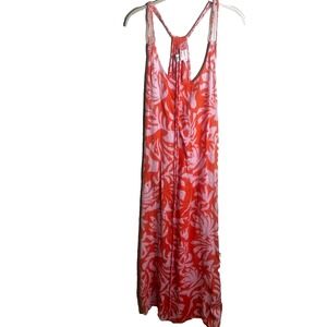 Rachel Zoe Tie Neck Halter Maxi Dress Linen Orange Coral Hibiscus Resortwear - L